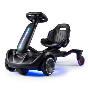 Black children's toy car with colorful lights on a white background