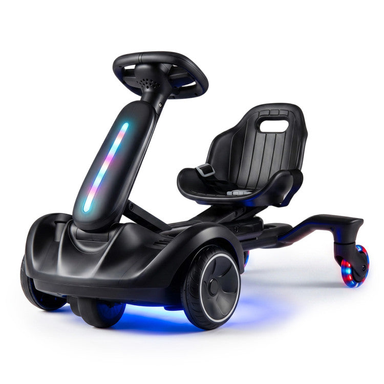 Black children's toy car with colorful lights on a white background