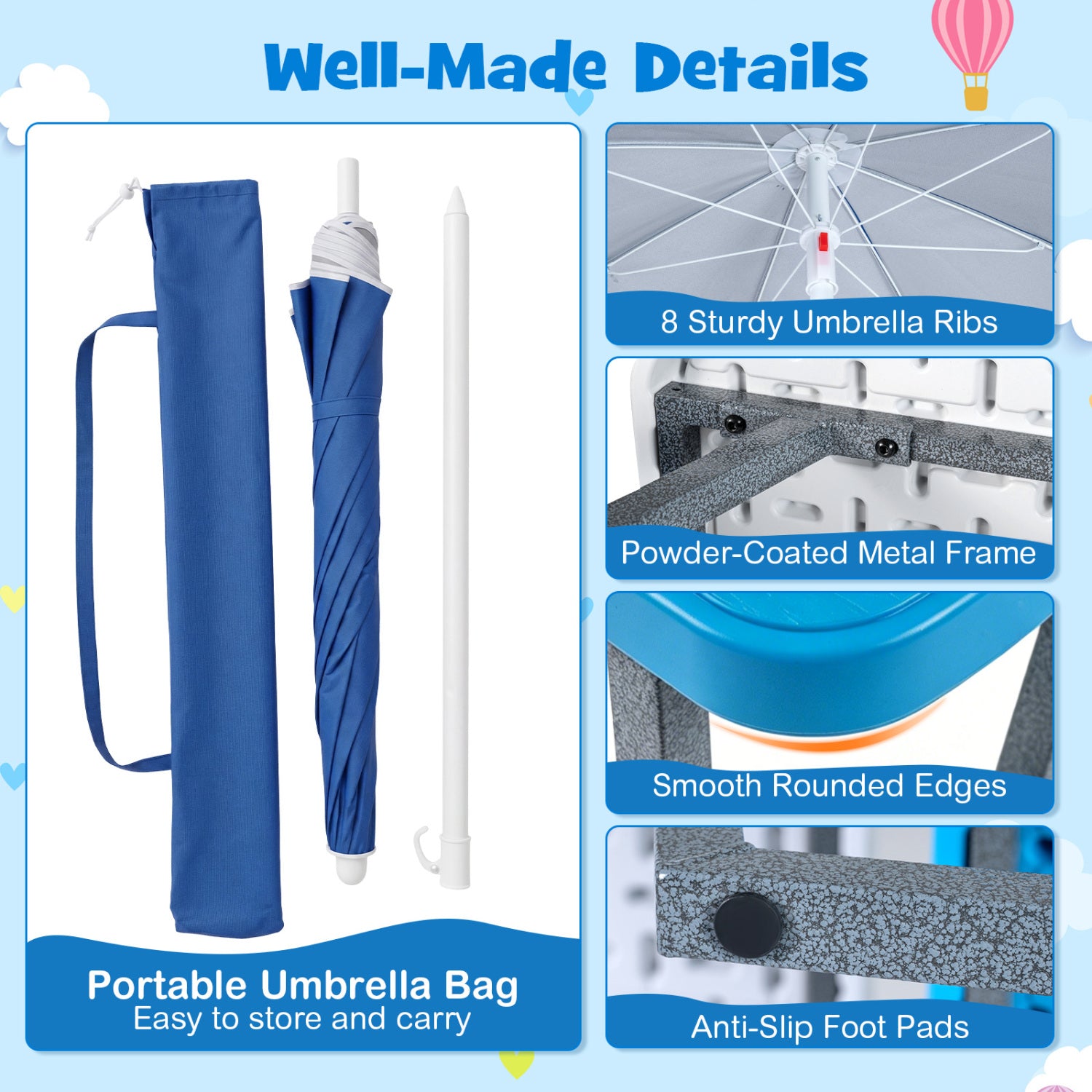 Blue umbrella with packaging and features highlighted on a blue background