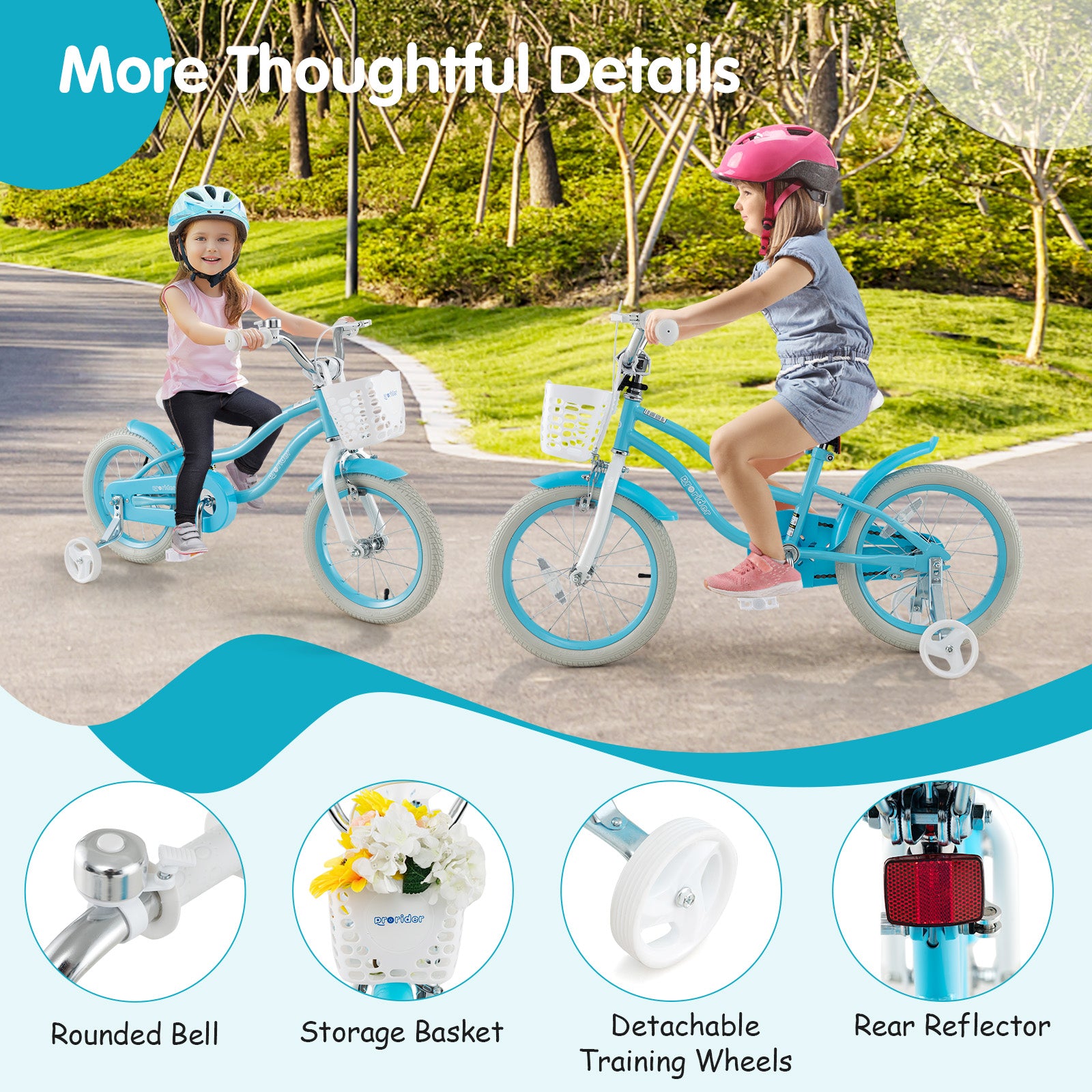 Two children riding bicycles with additional features highlighted on a blue banner.
