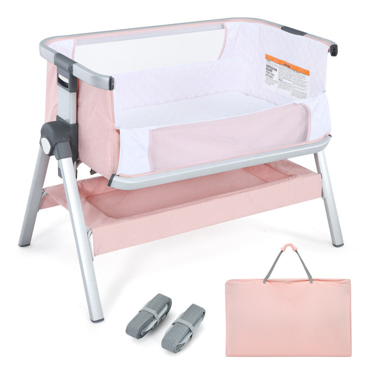 Baby Bedside Bassinet with Storage Basket & Wheels – Adjustable Infant Sleeper