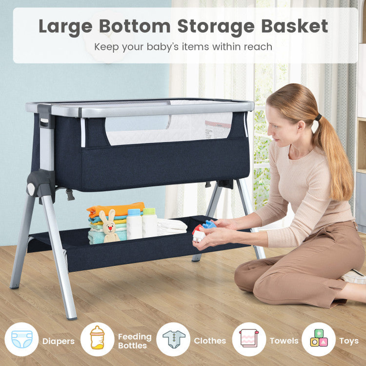 Baby Bedside Bassinet with Storage Basket & Wheels – Adjustable Infant Sleeper