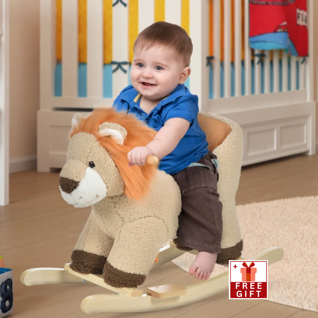 Qaba Baby Rocking Horse Lion Style with Sound, Plush Stuffed Rocking Animals