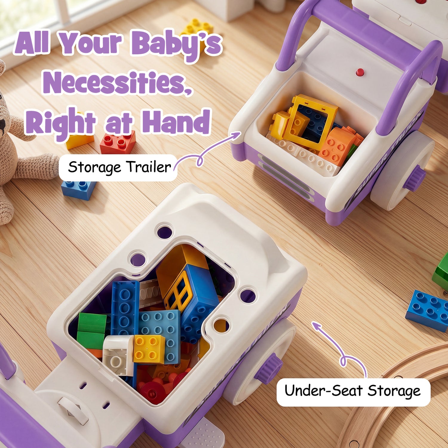 Toy storage trailer with colorful building blocks on a wooden floor.