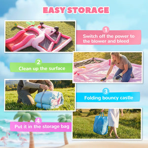 Instructions for storing a bouncy castle with images and text on a blue background.