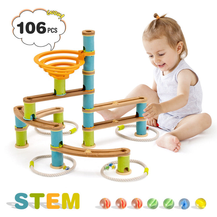 Bamboo Marble Run Toy Set for Kids 4+ STEM Learning and Creative Building