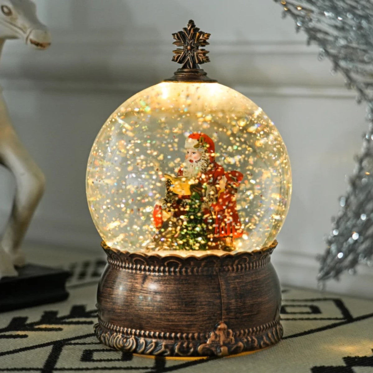 Battery-Operated Musical Lighted Christmas Snow Globe with Swirling Glitter, Bronze