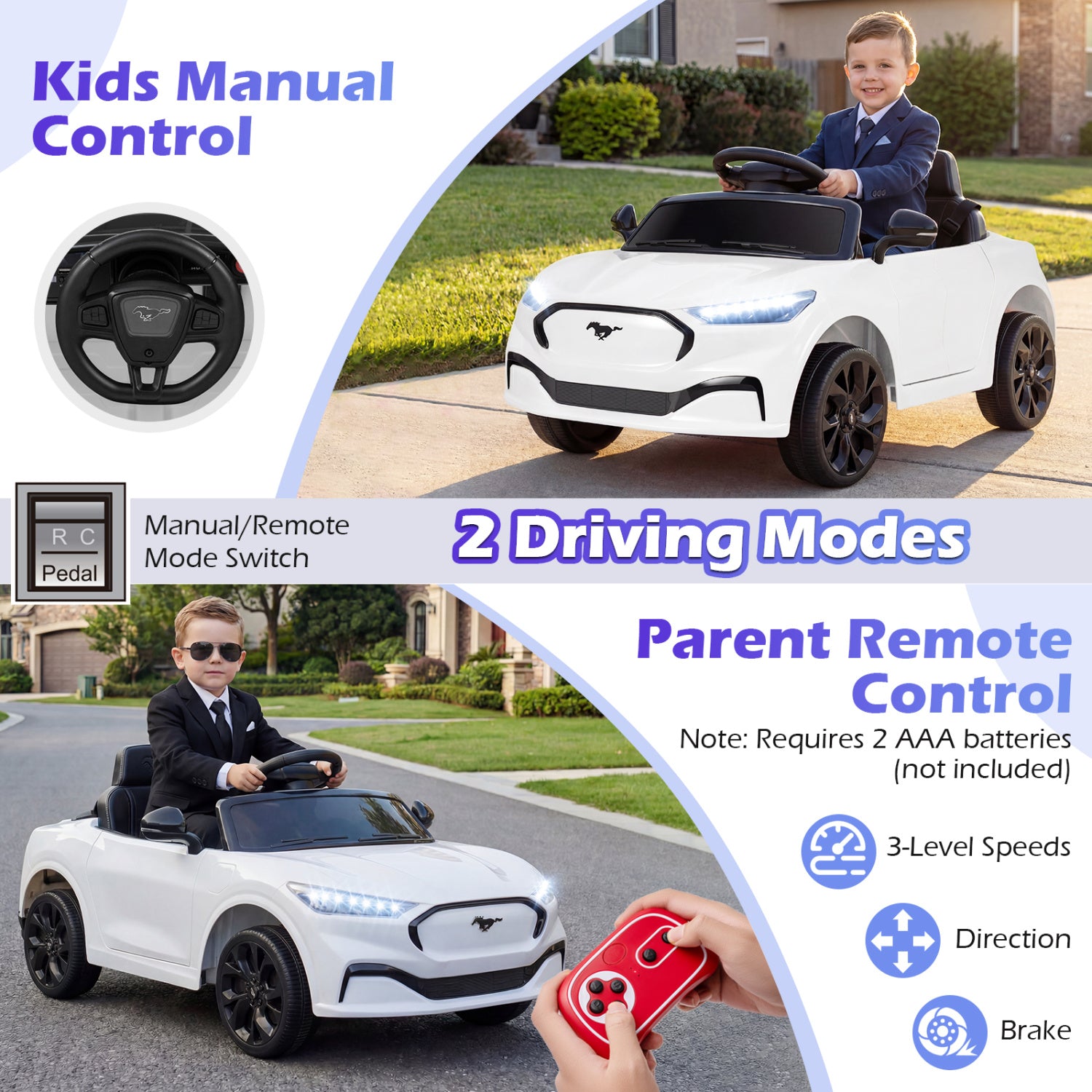 Children's electric toy car with remote control features, shown outdoors.