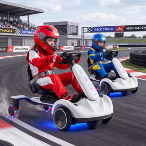 Two children racing on toy go-karts on a track with helmets on.