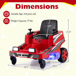 Red toy lawn mower with dimensions and safety information on a light yellow background