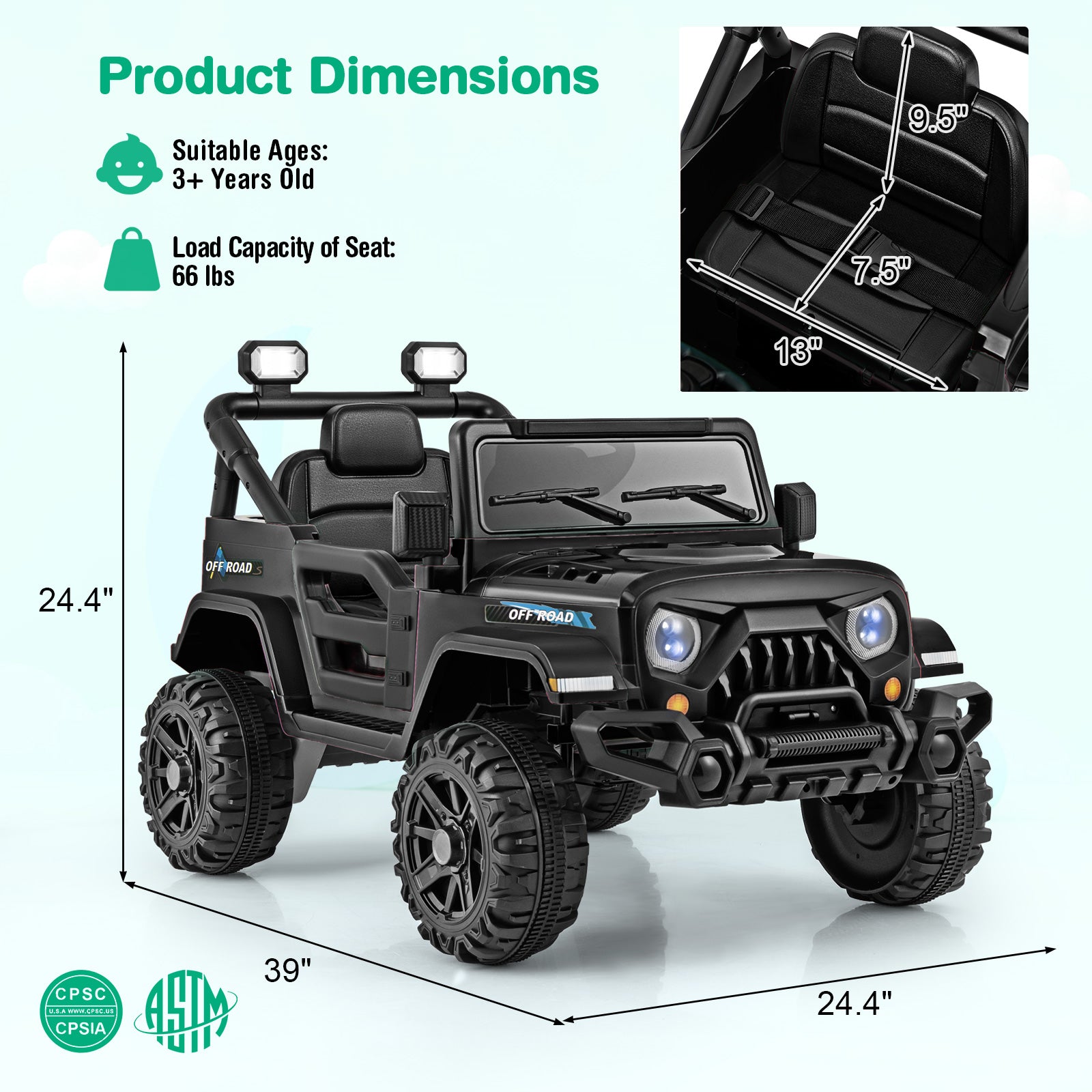 Black toy SUV with dimensions and product details on a white background