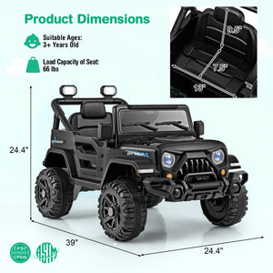 Black toy SUV with dimensions and product details on a white background