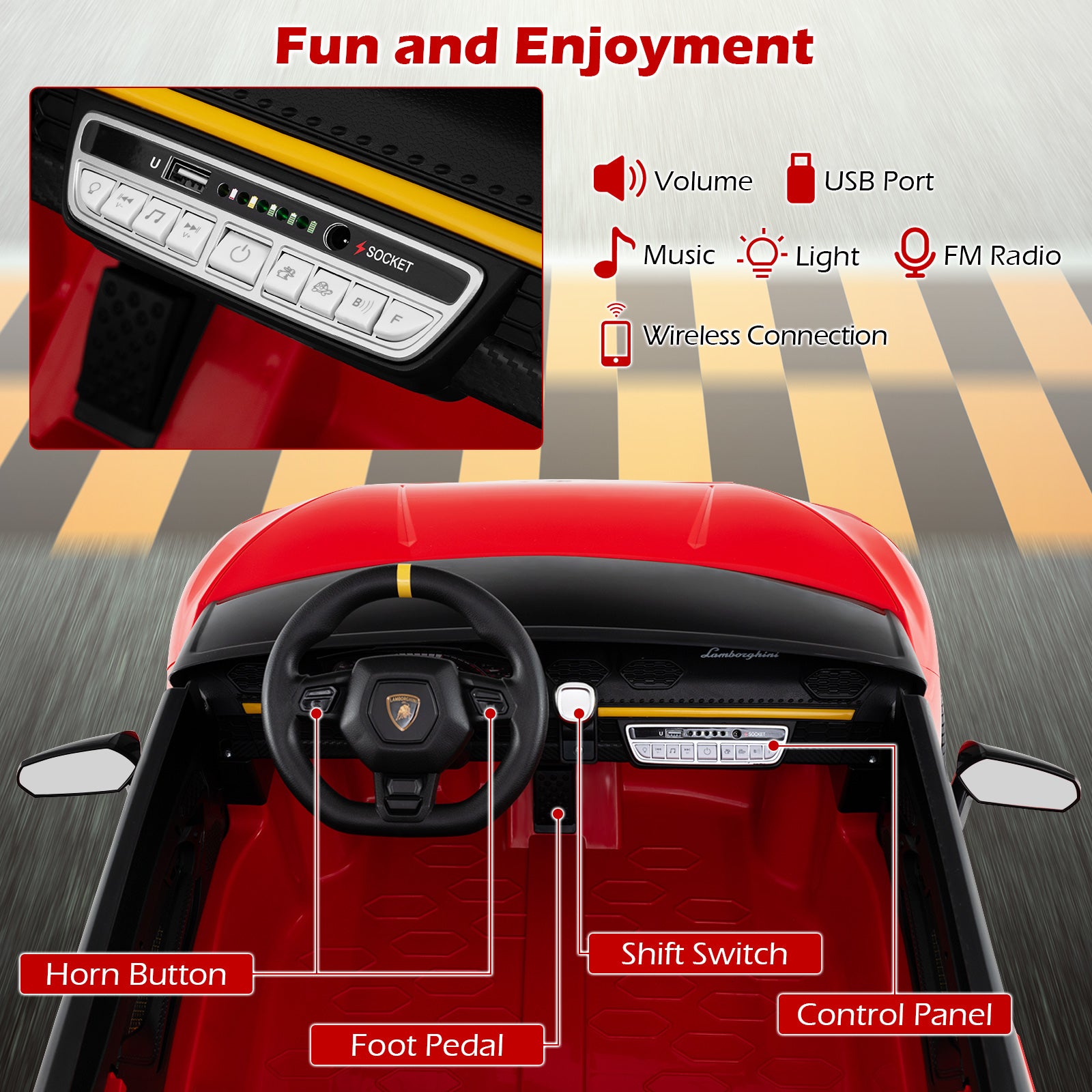 Red toy car with labeled controls and features on a road background