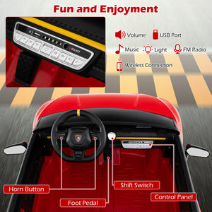 Red toy car with labeled controls and features on a road background