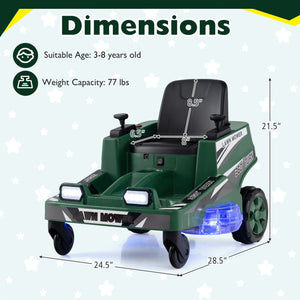 Toy lawn mower with dimensions and safety information on a light gray background