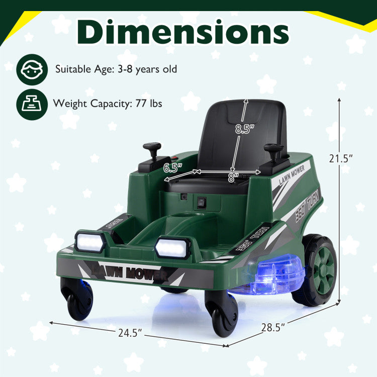 Toy lawn mower with dimensions and safety information on a light gray background