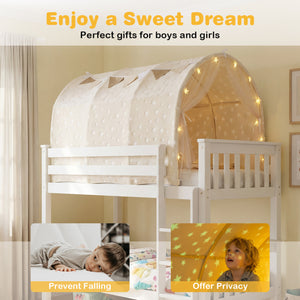 Children's bed with a canopy and fairy lights, suitable for boys and girls.