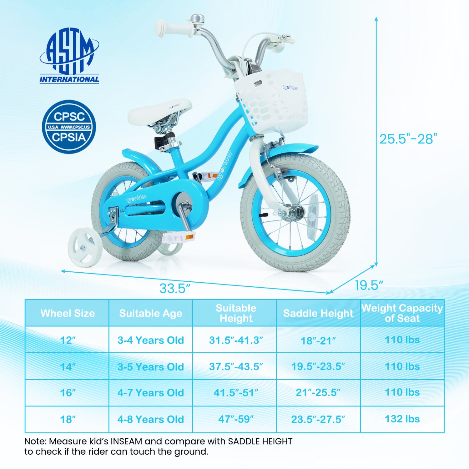 Children's bicycle with size chart and certification logos on a light blue background