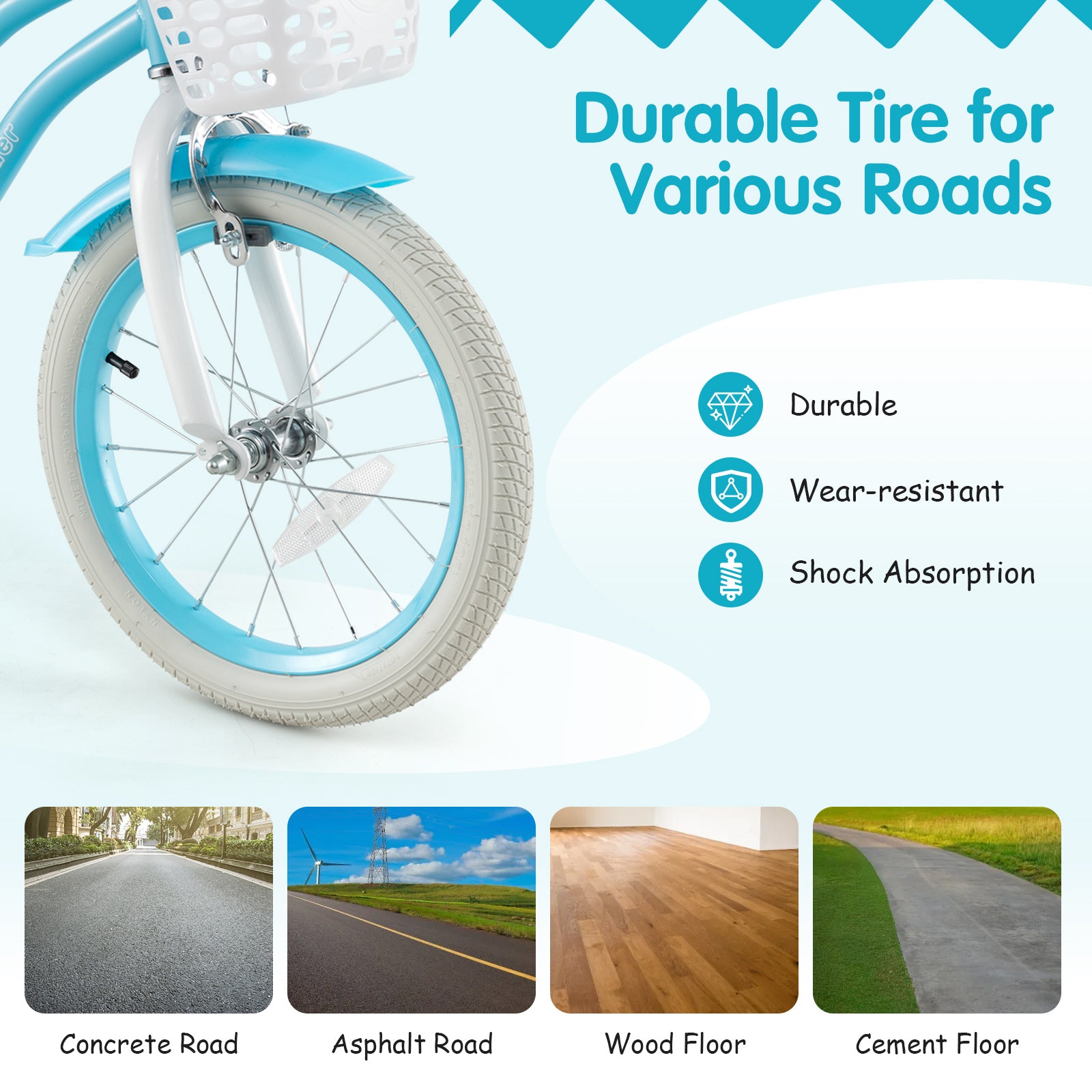 Bicycle wheel with blue rim and white frame on a light blue background with text about durable tire features.