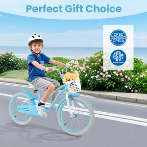 Child riding a blue bicycle with a basket of flowers on a road with a scenic background.