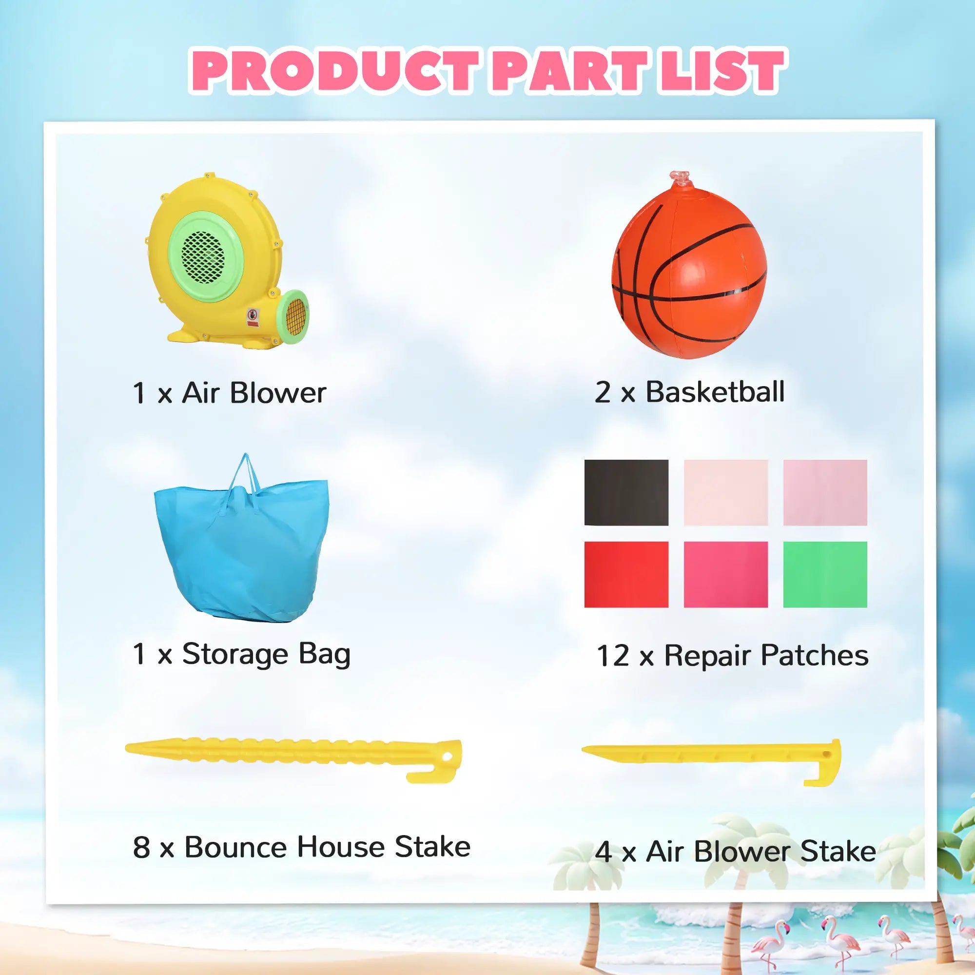 Product list with items including air blower, basketballs, storage bag, repair patches, and stakes against a beach background.
