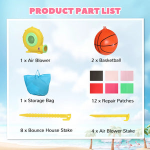 Product list with items including air blower, basketballs, storage bag, repair patches, and stakes against a beach background.
