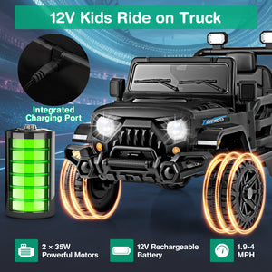 Black kids ride-on truck with charging port and battery indicator on a blue background
