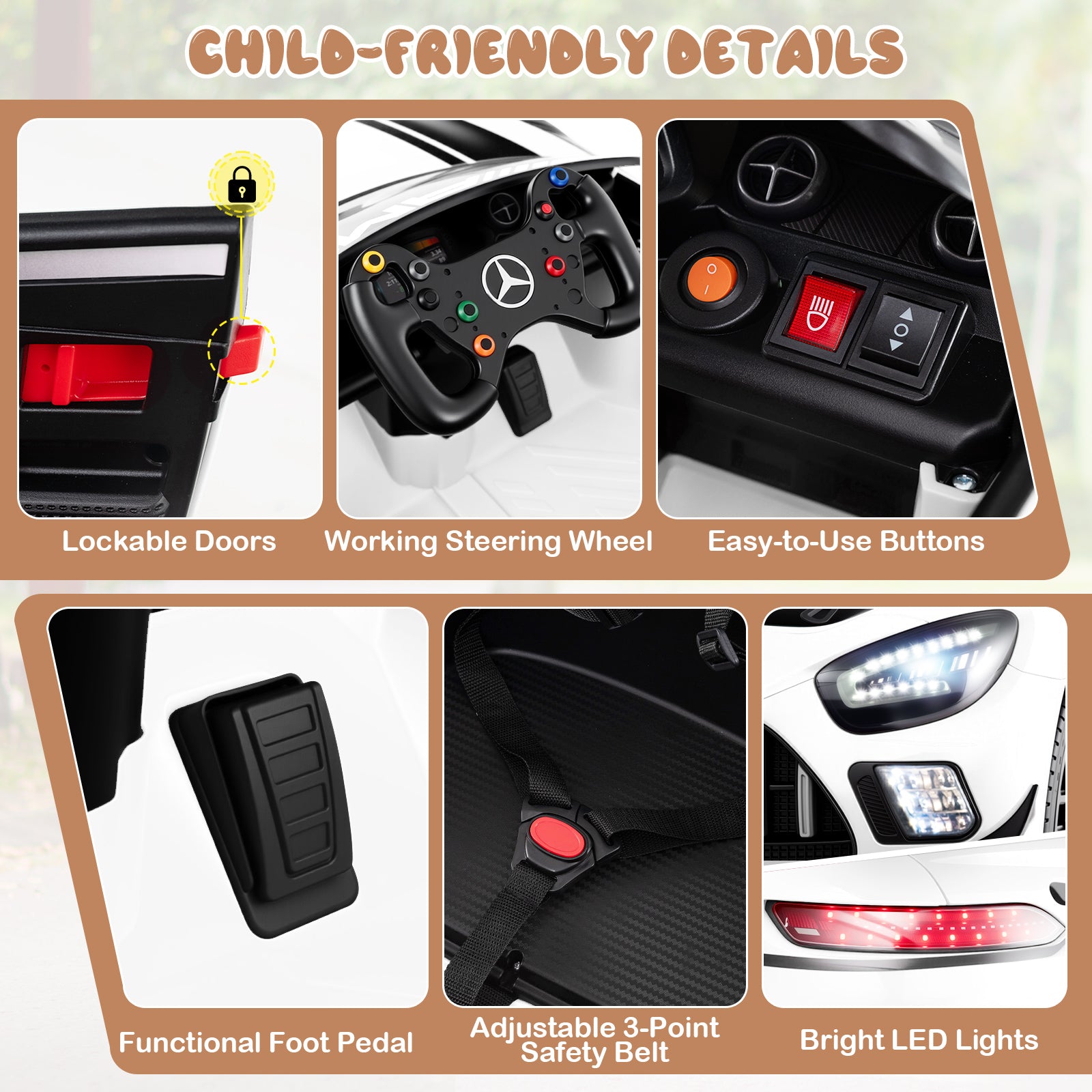 Child-friendly toy car features with lockable doors, steering wheel, buttons, foot pedal, safety belt, and LED lights.