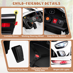 Child-friendly toy car features with lockable doors, steering wheel, buttons, foot pedal, safety belt, and LED lights.