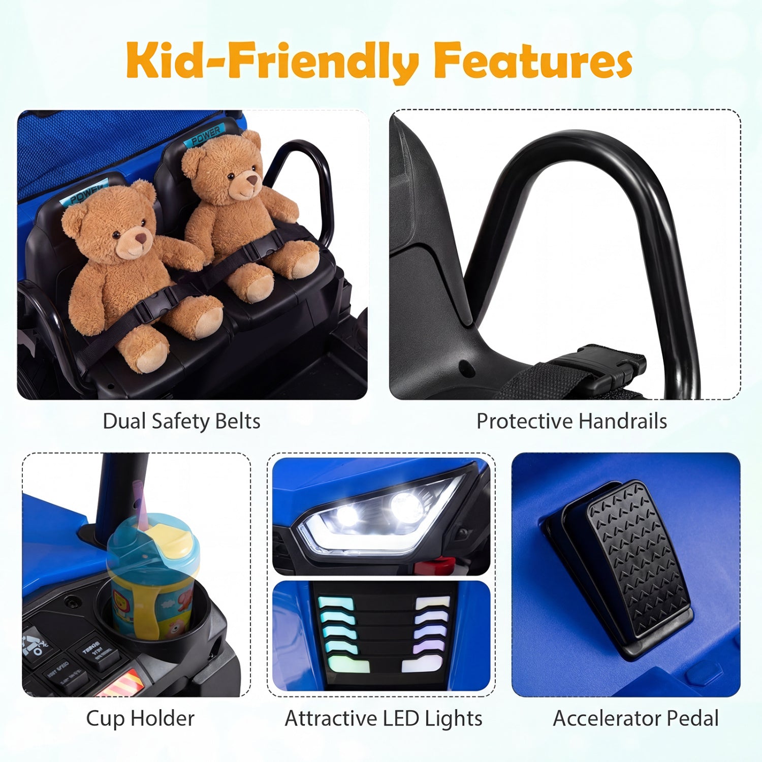 Illustration of a child safety seat with various features highlighted, including dual safety belts, protective handrails, cup holder, LED lights, and accelerator pedal.