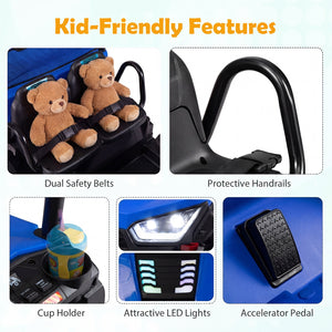 Illustration of a child safety seat with various features highlighted, including dual safety belts, protective handrails, cup holder, LED lights, and accelerator pedal.