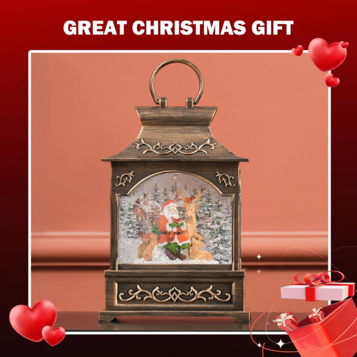 Bronze Musical Christmas Snow Globe Lantern - Lighted, Battery Operated Xmas Decoration