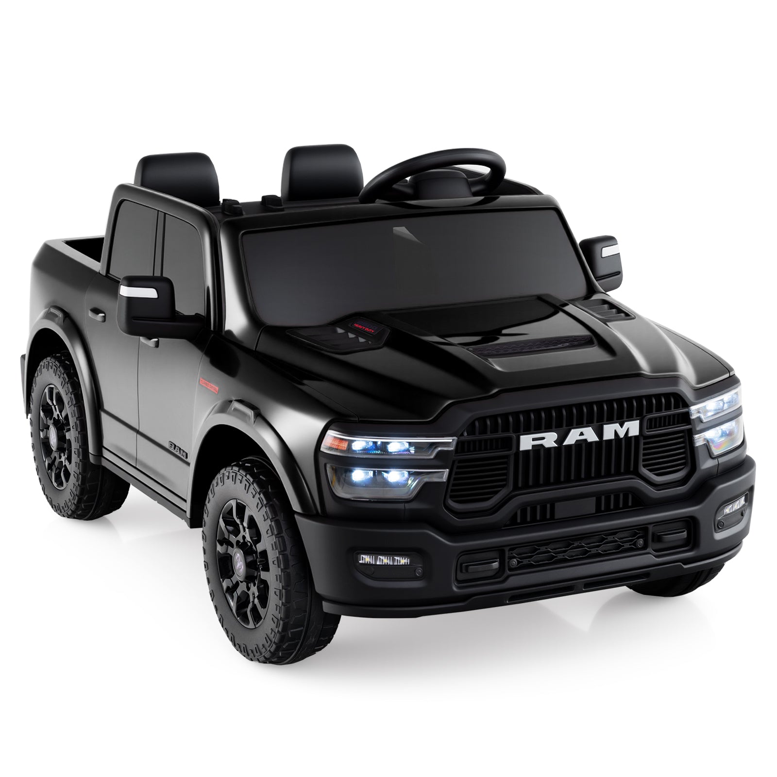 Black toy truck with RAM branding on a white background