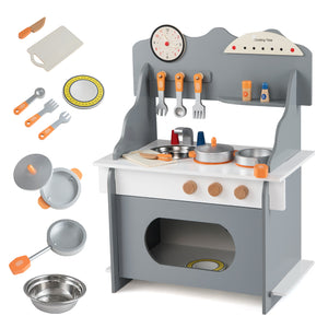 Children's toy kitchen set with various utensils on a white background