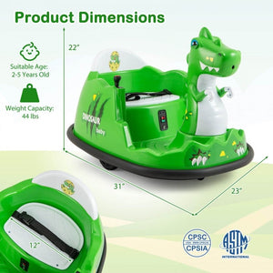 Green dinosaur-shaped baby bumper car with dimensions and safety certification logos on a light green background