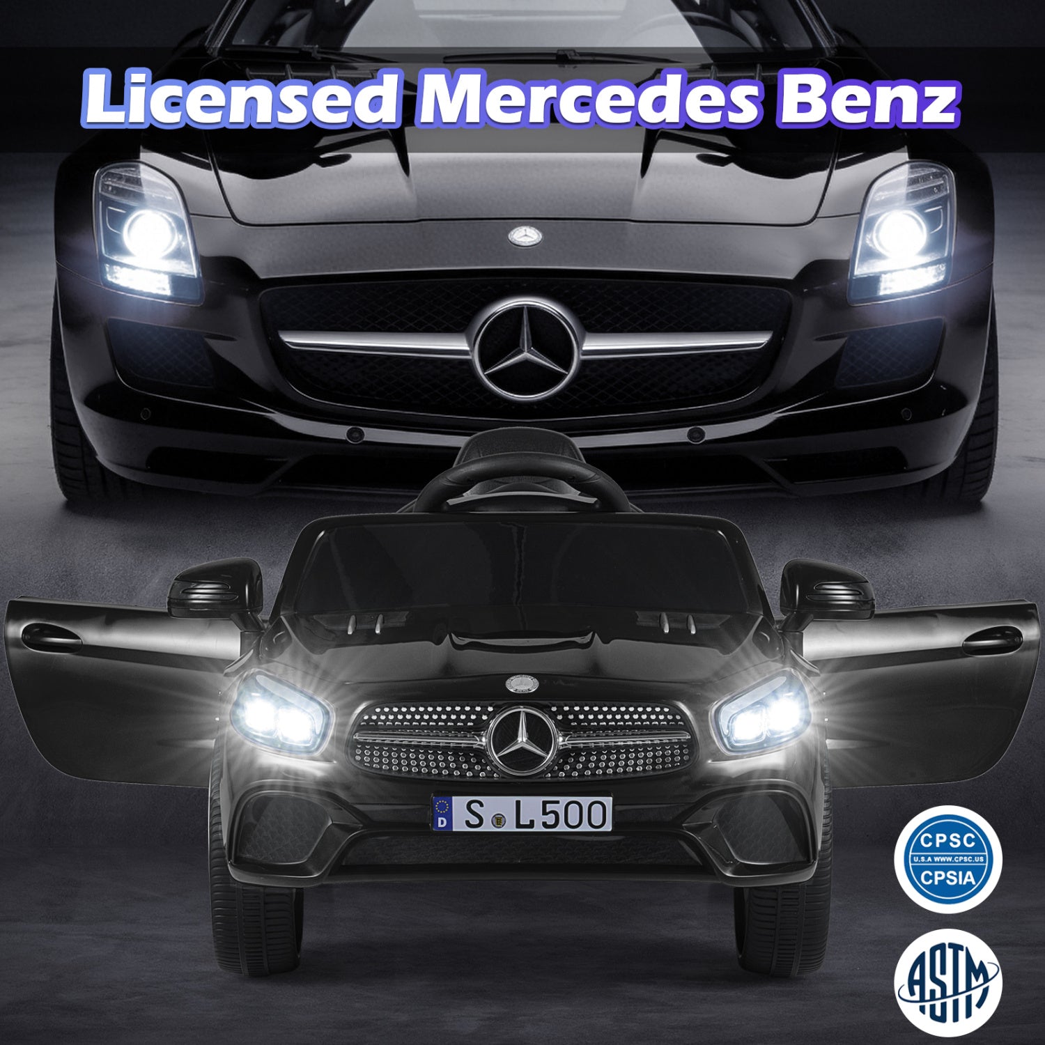 Comparison of a real Mercedes-Benz car and a toy model with Mercedes-Benz logo.