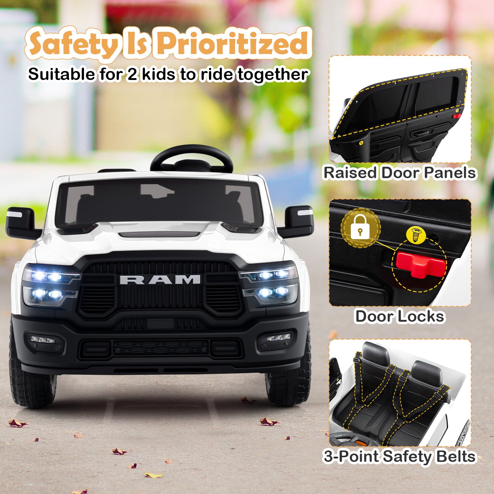 Children's toy truck with safety features highlighted, including raised door panels, door locks, and 3-point safety belts.