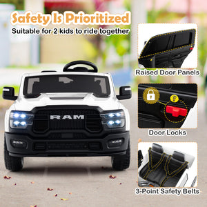 Children's toy truck with safety features highlighted, including raised door panels, door locks, and 3-point safety belts.