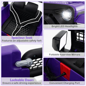 Collage of features of a purple toy car including bright LED headlights, spacious seat with adjustable safety belt, foldable rearview mirrors, lockable doors, and convenient charging port.