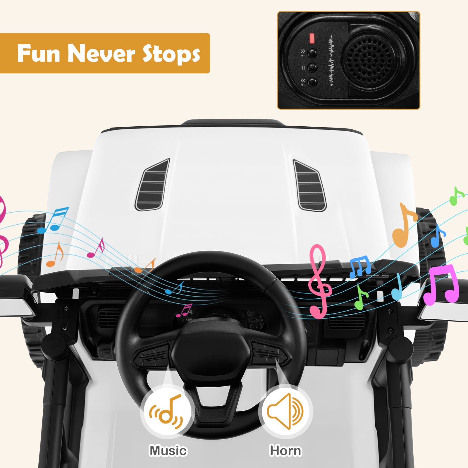 Children's toy car with music and horn controls, featuring a steering wheel and dashboard.