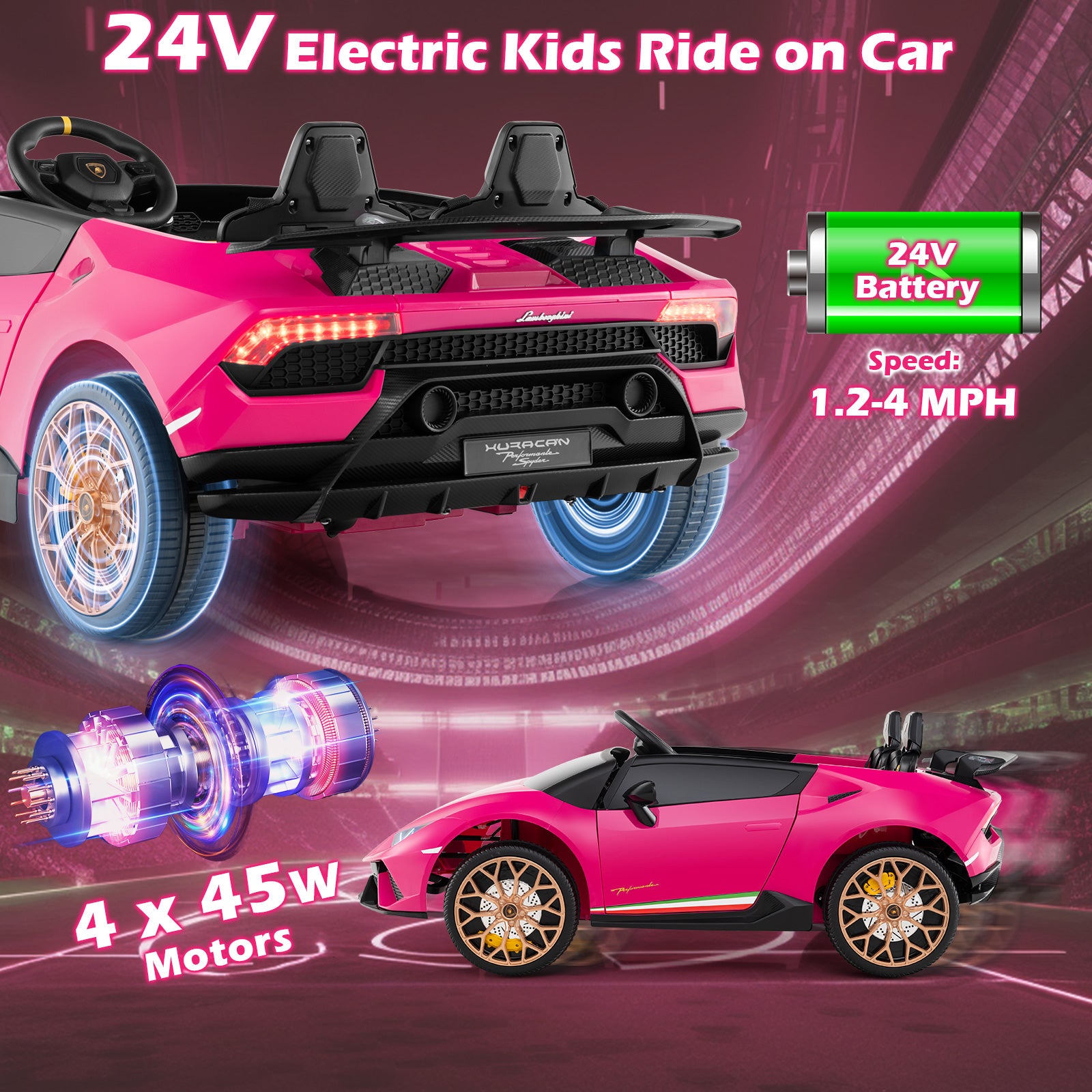 Pink electric kids ride-on car with 24V battery and 4x45W motors on a pink background.