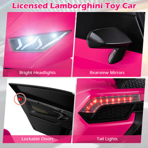 Collage of a pink toy car with features labeled including bright headlights, rearview mirrors, lockable doors, and tail lights.