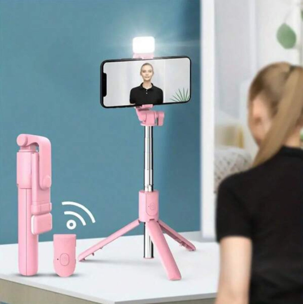 Cell Phone Selfie Stick Tripod Remote Wireless Selfi Stick Phone Holder Stand with Beauty Fill Light for Phone