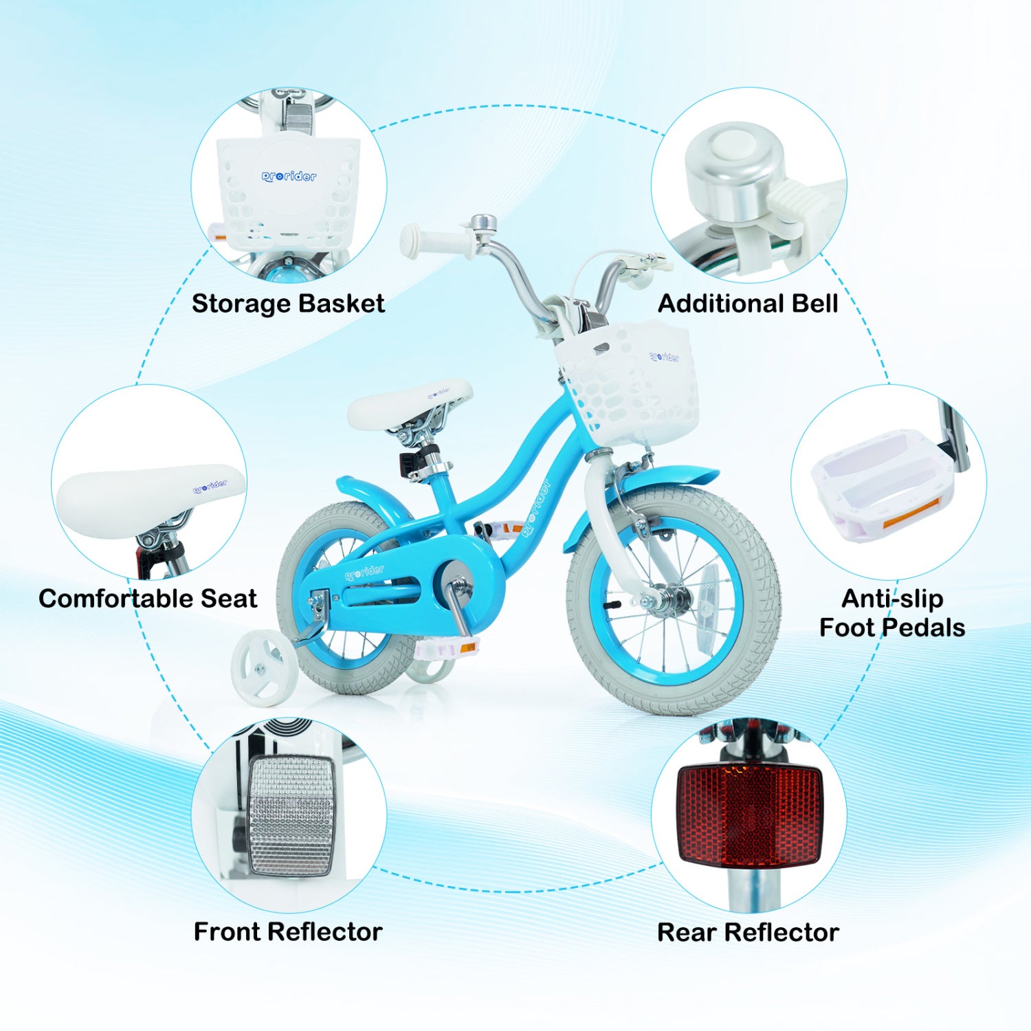 Blue children's bicycle with features highlighted on a light blue background