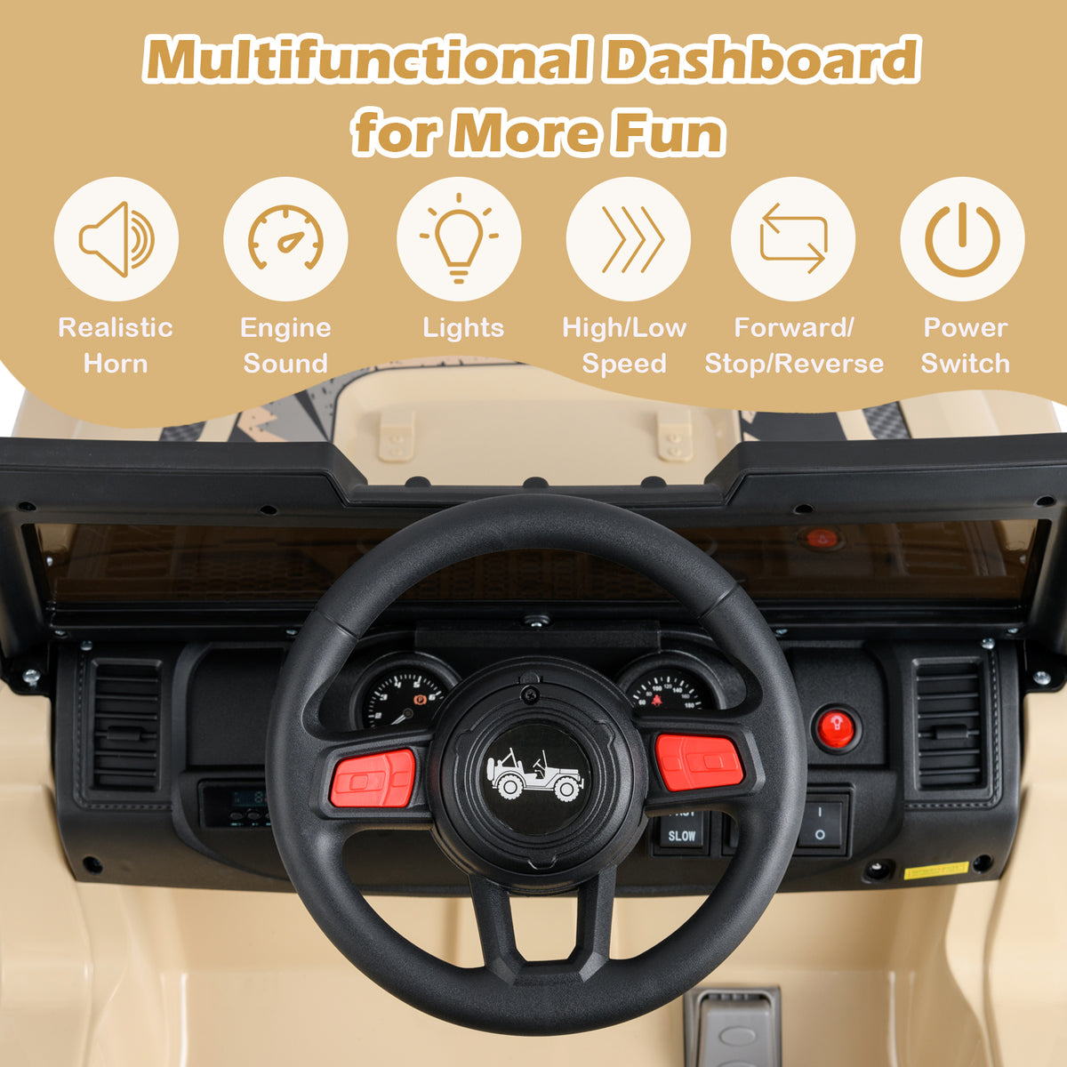 Car dashboard with steering wheel and controls, featuring functionalities like horn, engine sound, lights, speed control, and power switch.