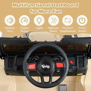 Car dashboard with steering wheel and controls, featuring functionalities like horn, engine sound, lights, speed control, and power switch.