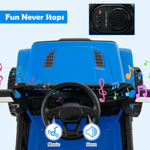 Blue toy car with steering wheel and music/horn indicators, featuring a speaker on top.