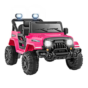 Red toy jeep with black wheels on a white background
