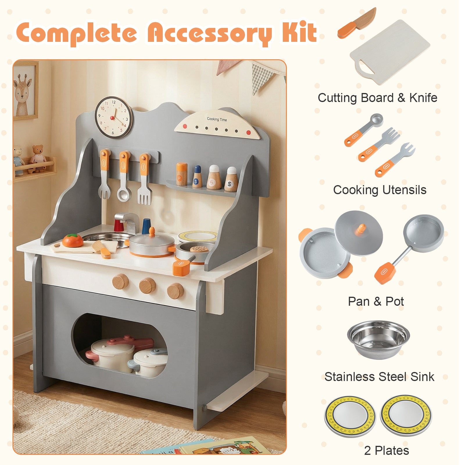 Children's play kitchen set with accessories including a cutting board, knife, cooking utensils, pans, pot, sink, and plates.