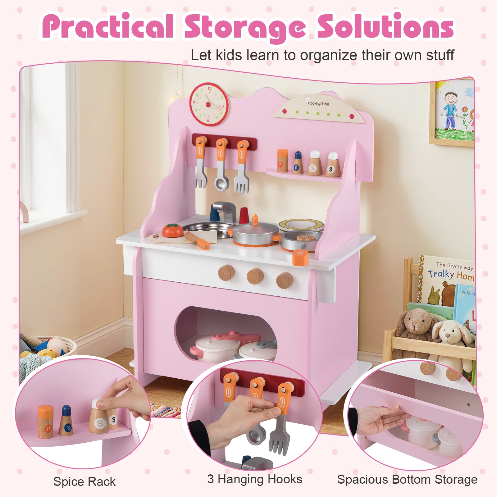 Pink toy kitchen set with various accessories and storage solutions for children.